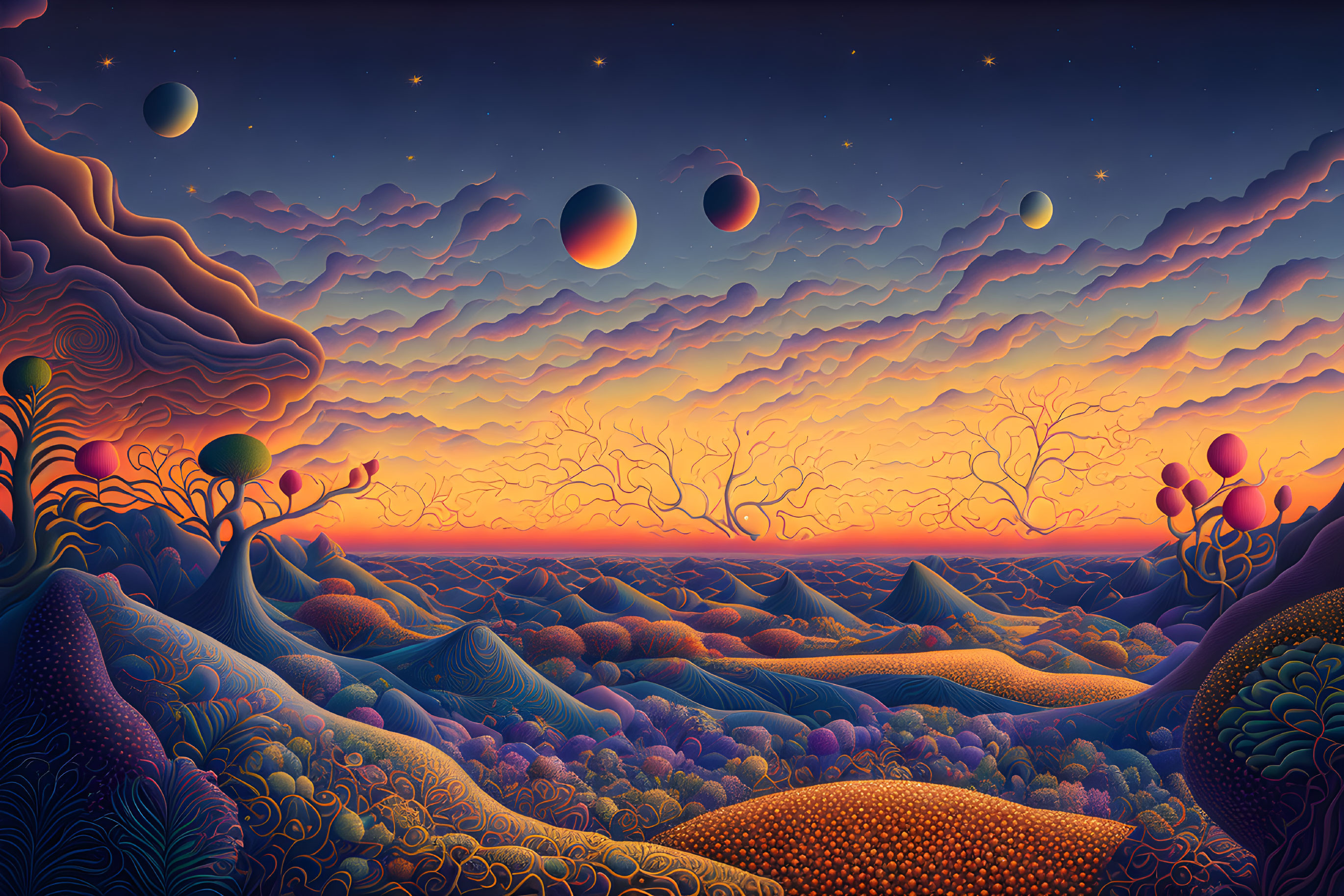 Surreal landscape with multiple moons and vibrant colors