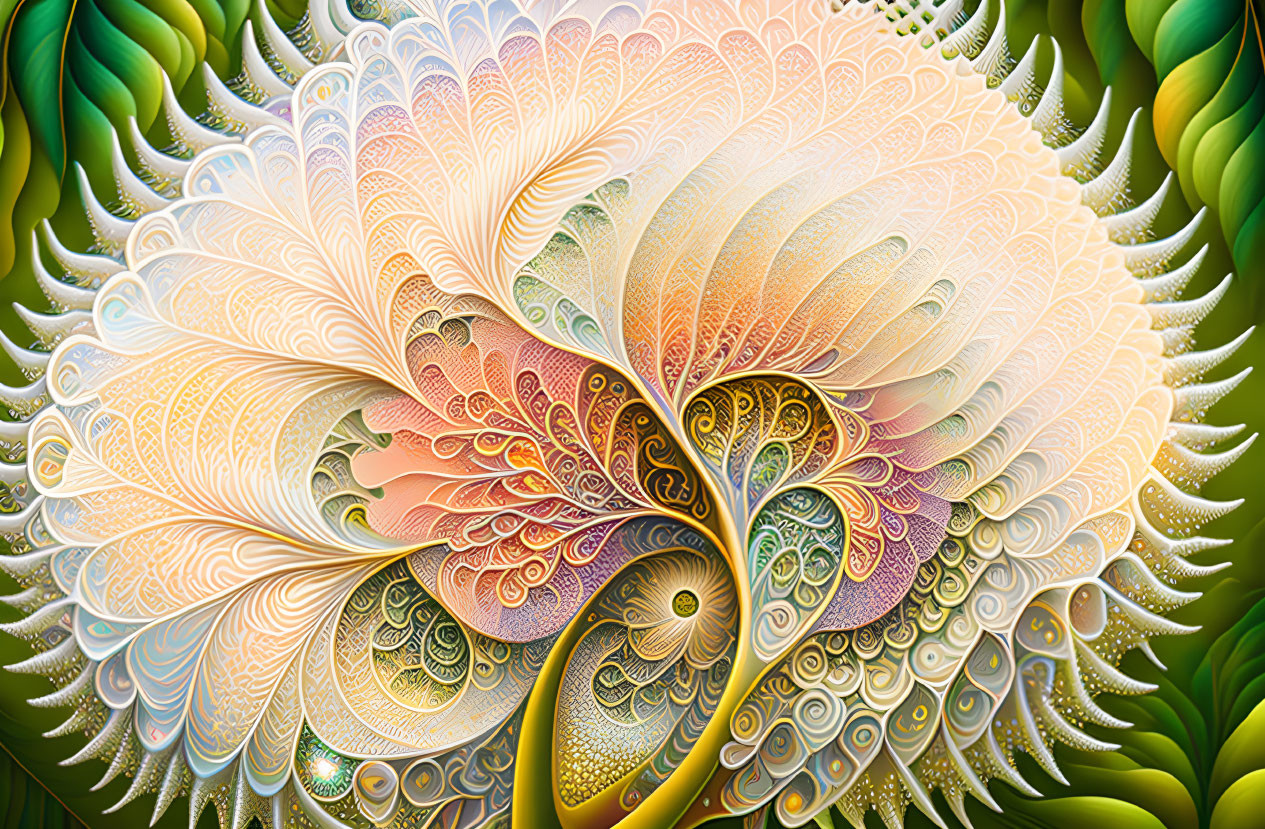 Colorful digital artwork with intricate patterns and swirls in green, yellow, and beige.