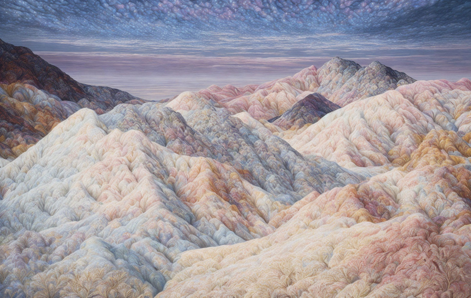 Textured pastel-colored hills under a purple-hued sky landscape.