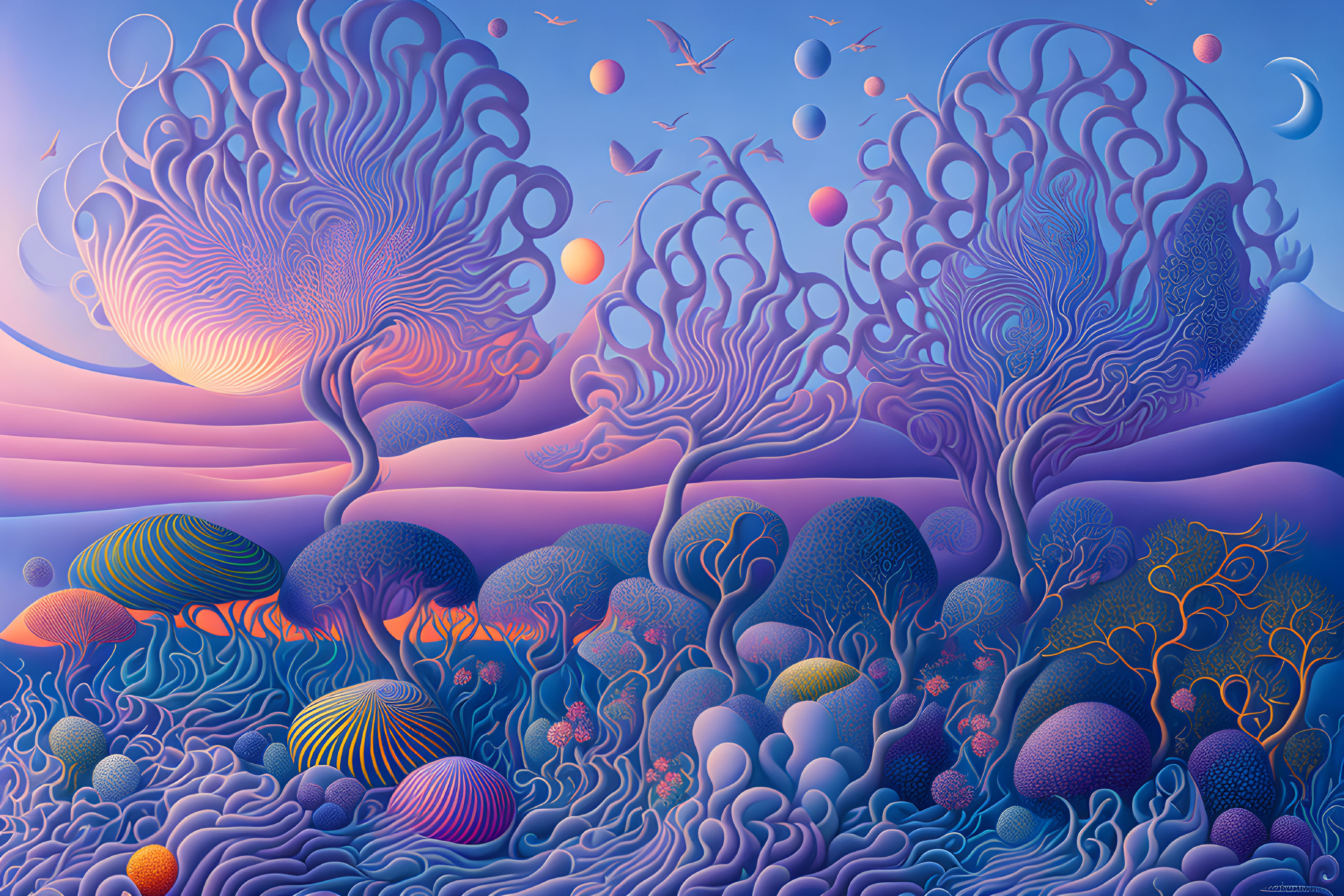 Vibrant surreal landscape with stylized trees and floating orbs