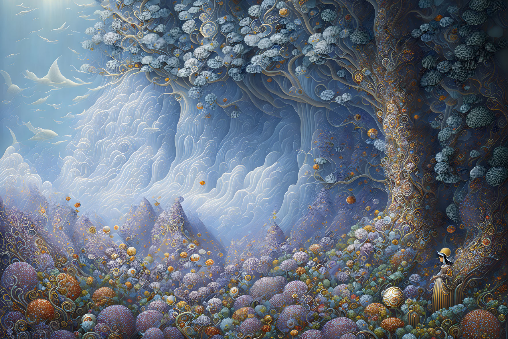 Whimsical landscape with trees, orbs, and intricate patterns under a blue gradient sky