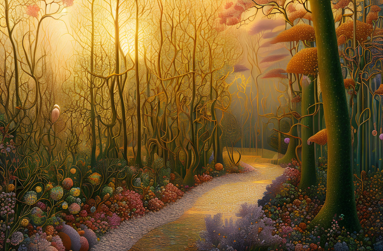 Majestic forest scene with oversized mushrooms and vibrant flora at sunset