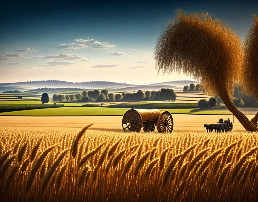 Golden wheat fields, unique tree, rolling hills, old-fashioned wagon in serene landscape at sunset