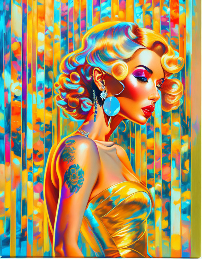 Vibrant image of woman with golden hair and arm tattoo in surreal setting
