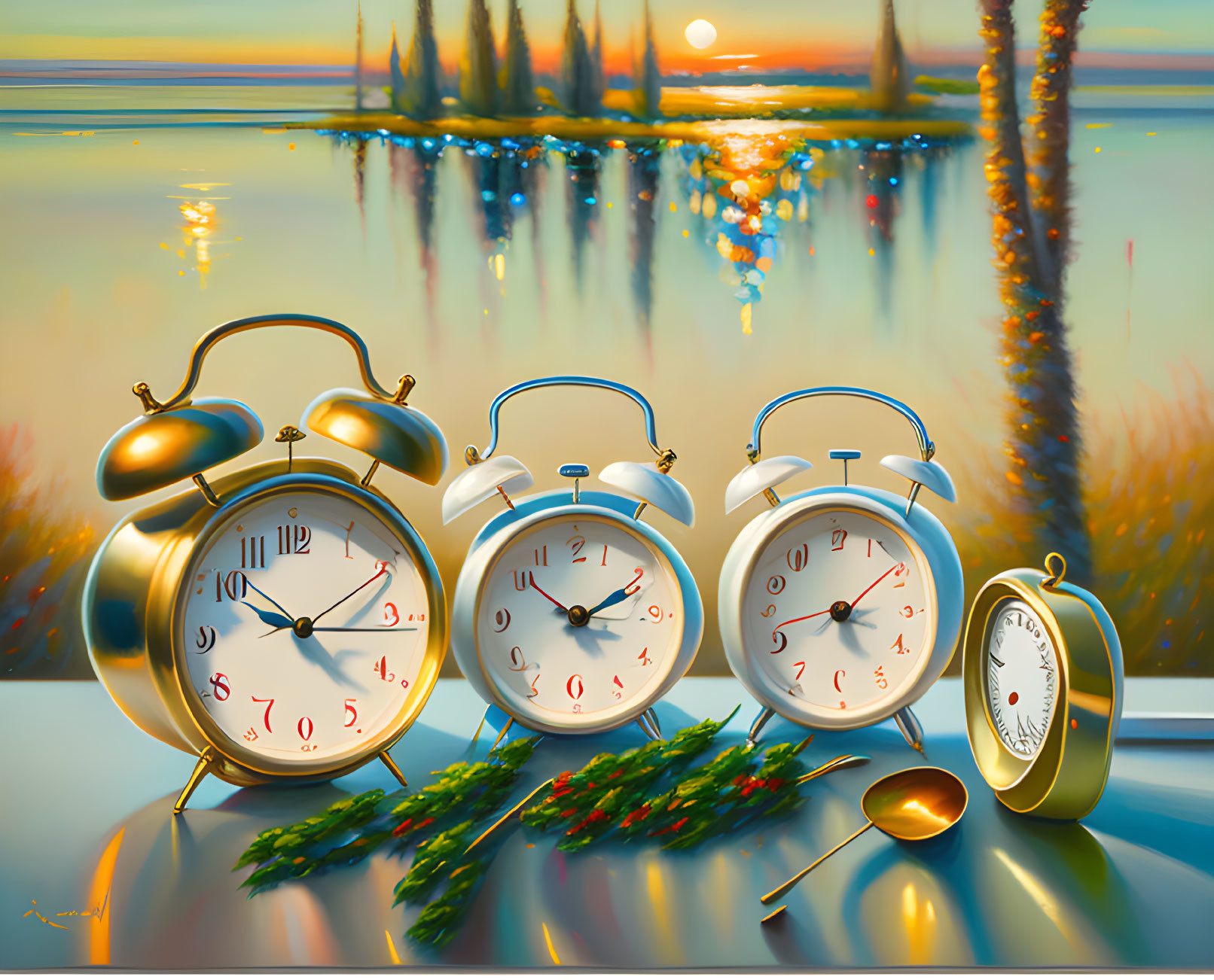 Surreal painting of four alarm clocks with vibrant sunset and lake reflection