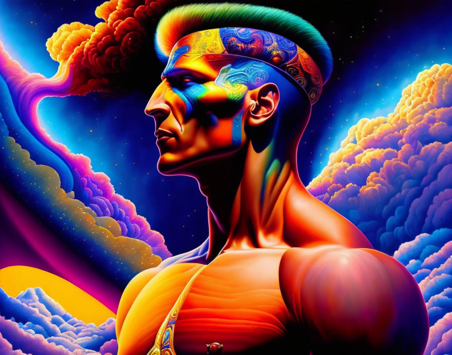 Colorful Psychedelic Portrait of a Man Against Vibrant Sunset Sky