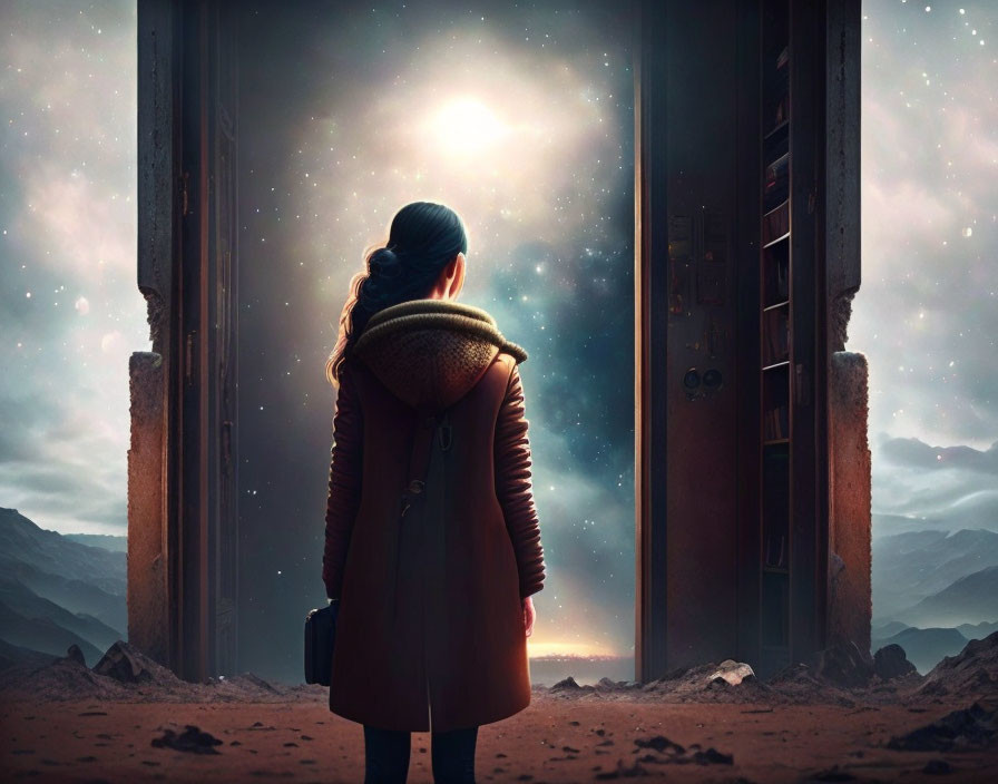 Person stands before open door to starry cosmos in desolate landscape