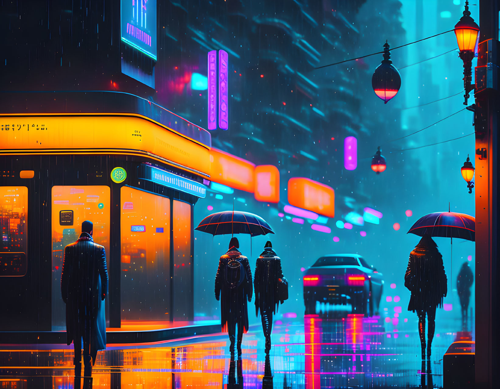 Futuristic city street at night with neon signs, tram, and rain reflections
