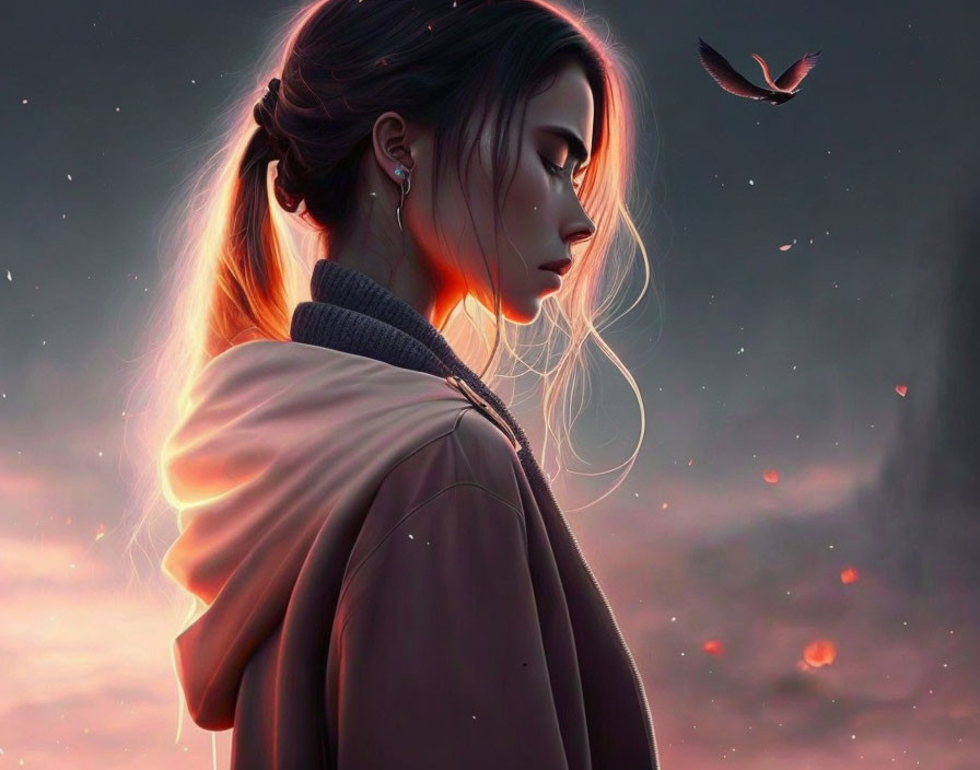 Profile view of animated woman with braid in backlit glow against dusky, ember-filled sky.