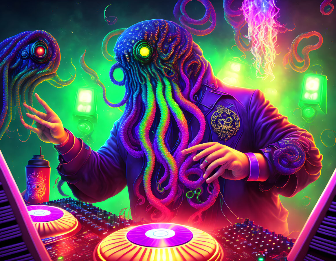 Octopus DJ with neon colors and jellyfish tentacles in underwater fantasy