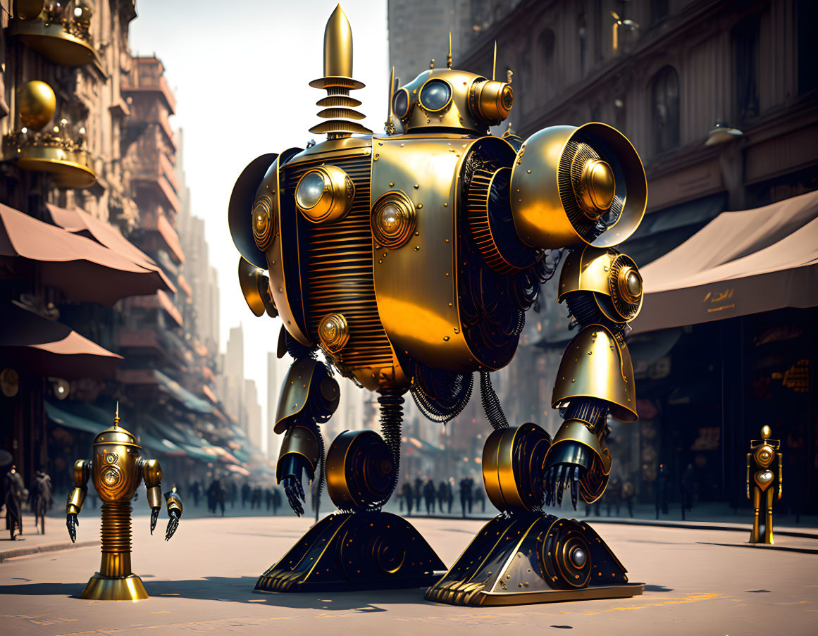 Brass robots in urban setting, one larger