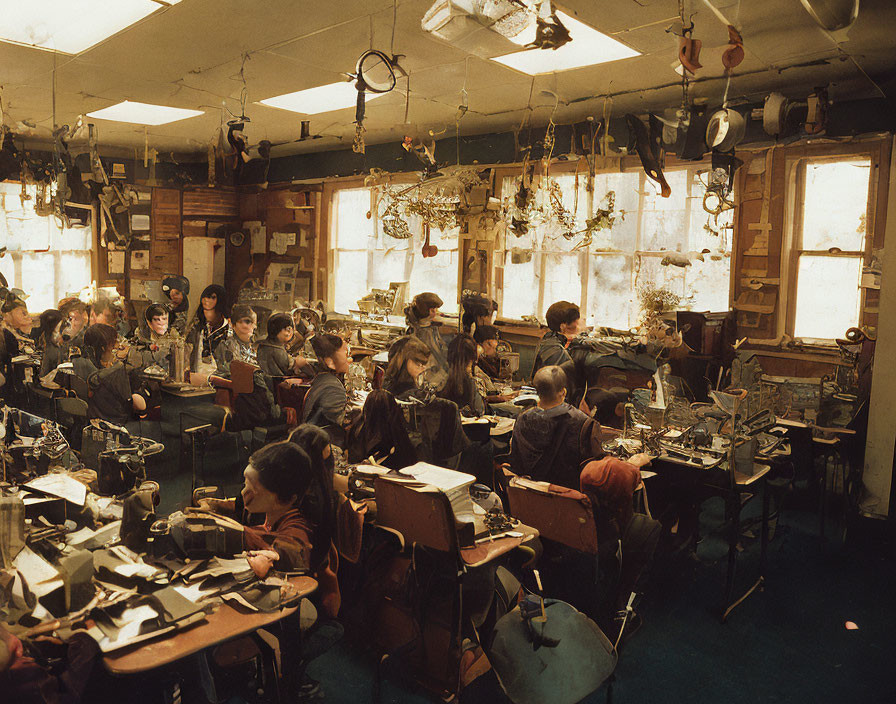 Vintage photo of crowded room with workers at desks and typewriters.