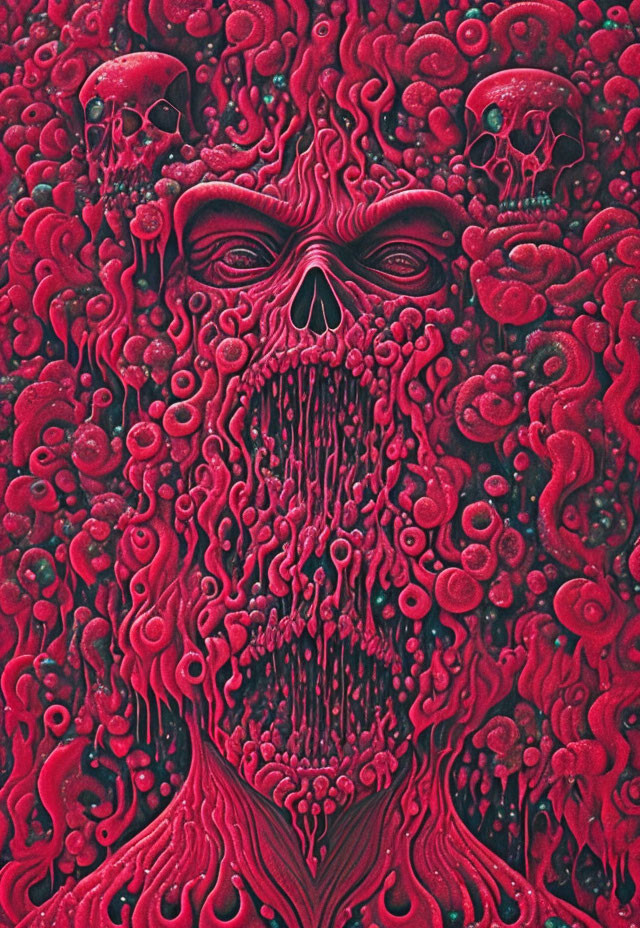 Surreal red and pink artwork with skulls and faces, textured with organic shapes.