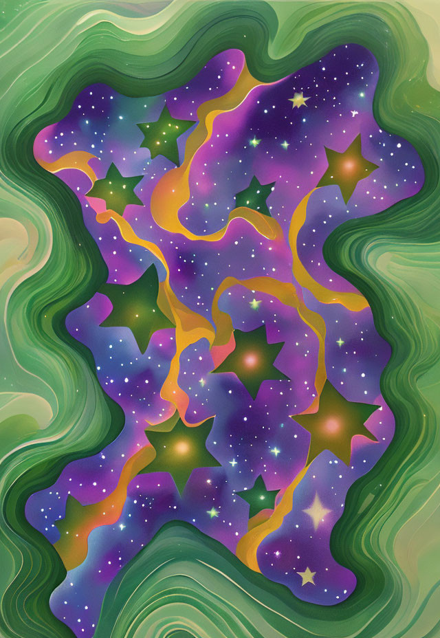 Abstract Illustration with Swirling Green Patterns and Cosmic Motif