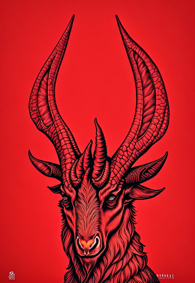 Vibrant red stylized goat illustration with twisted horns