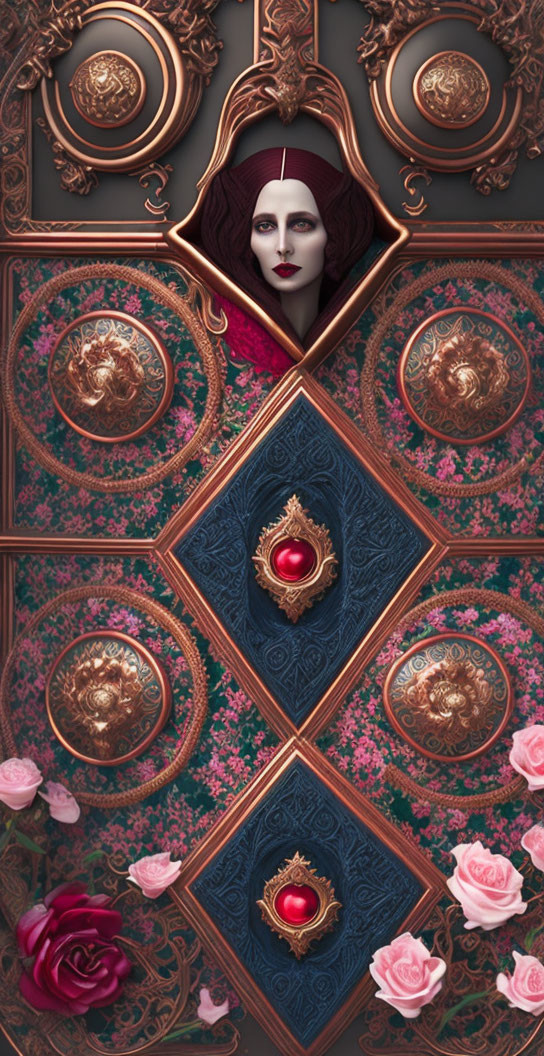 Surreal portrait of a woman with pale skin and dark lipstick in ornate floral and jewel arrangement