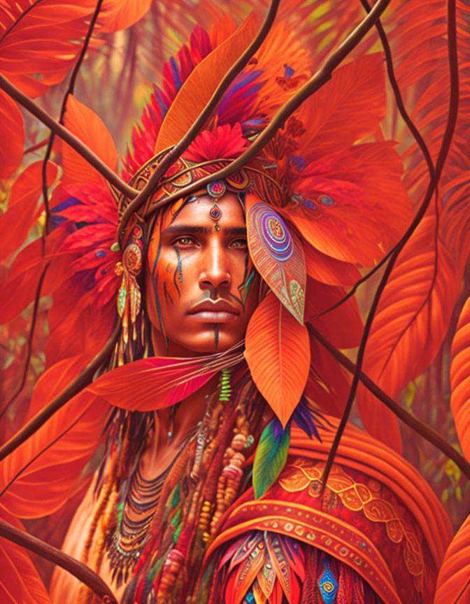 Person with feathers and tribal paint in front of fiery red leaves