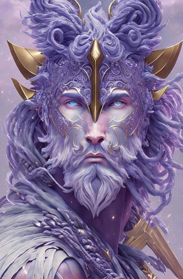 Fantasy portrait featuring blue and gold mask, striking blue eyes, and lion-like purple headdress