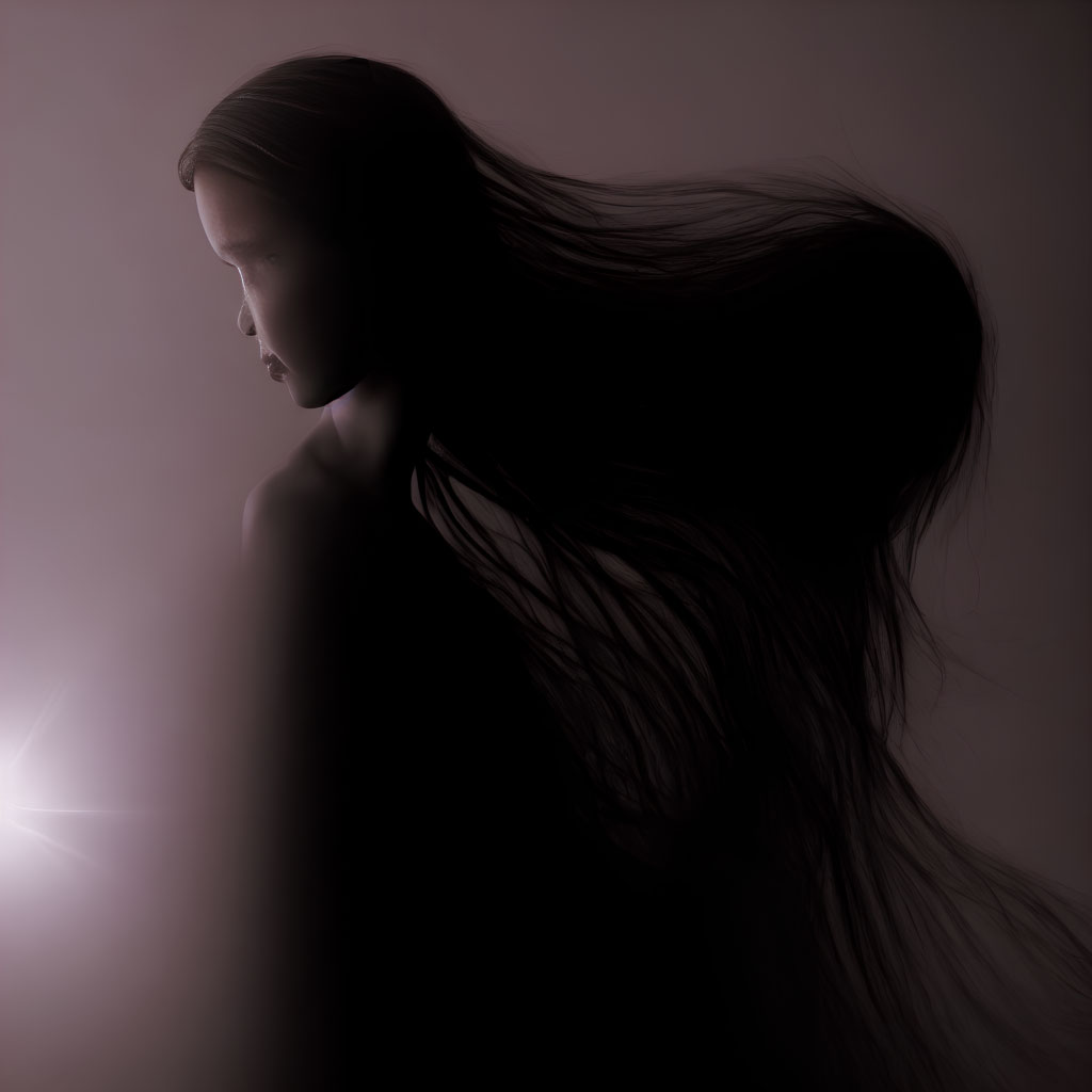 Silhouette of person with long hair in dimly lit, moody setting