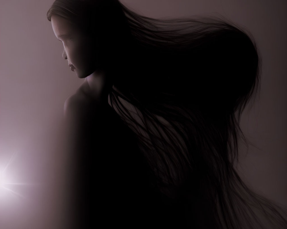 Silhouette of person with long hair in dimly lit, moody setting