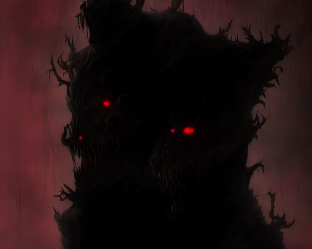 Mysterious figure with red eyes and spikes in the dark