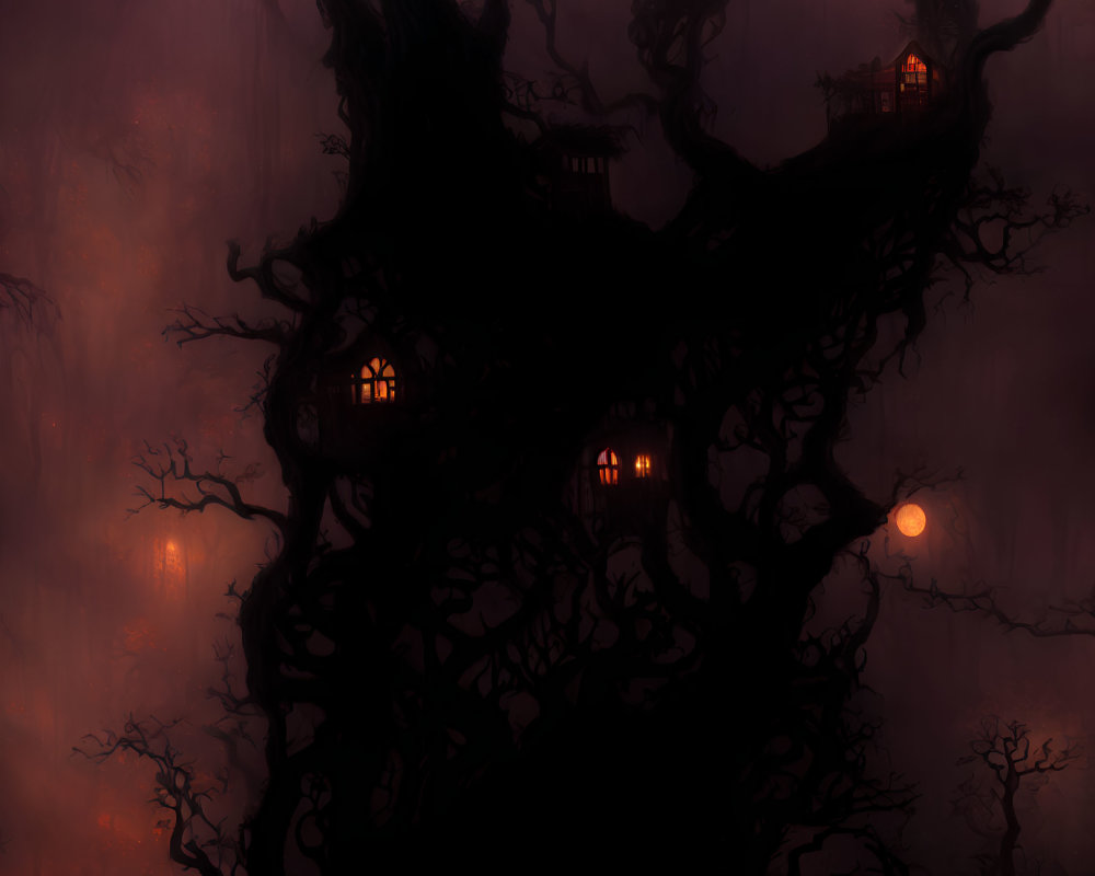 Dark twisted tree with lit windows in foggy red-tinged setting