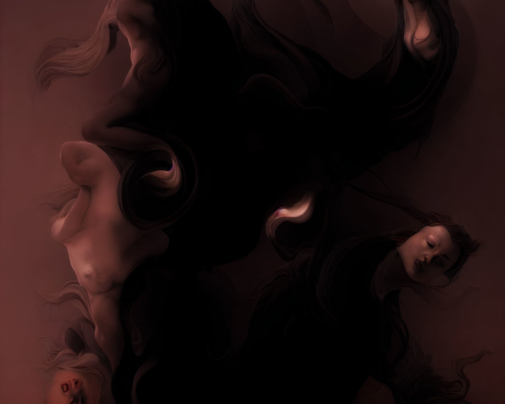 Monochromatic red-brown abstract art with flowing female figures