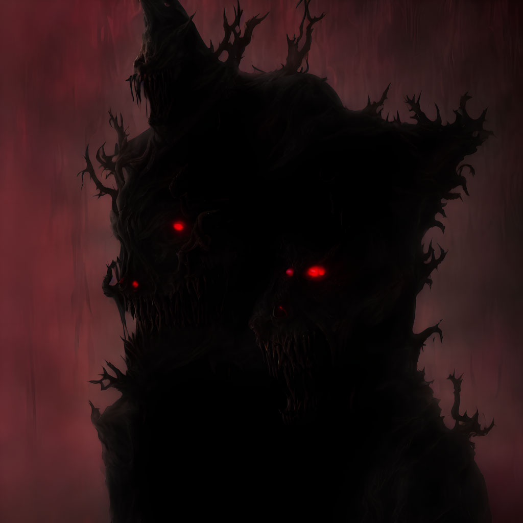 Mysterious figure with red eyes and spikes in the dark