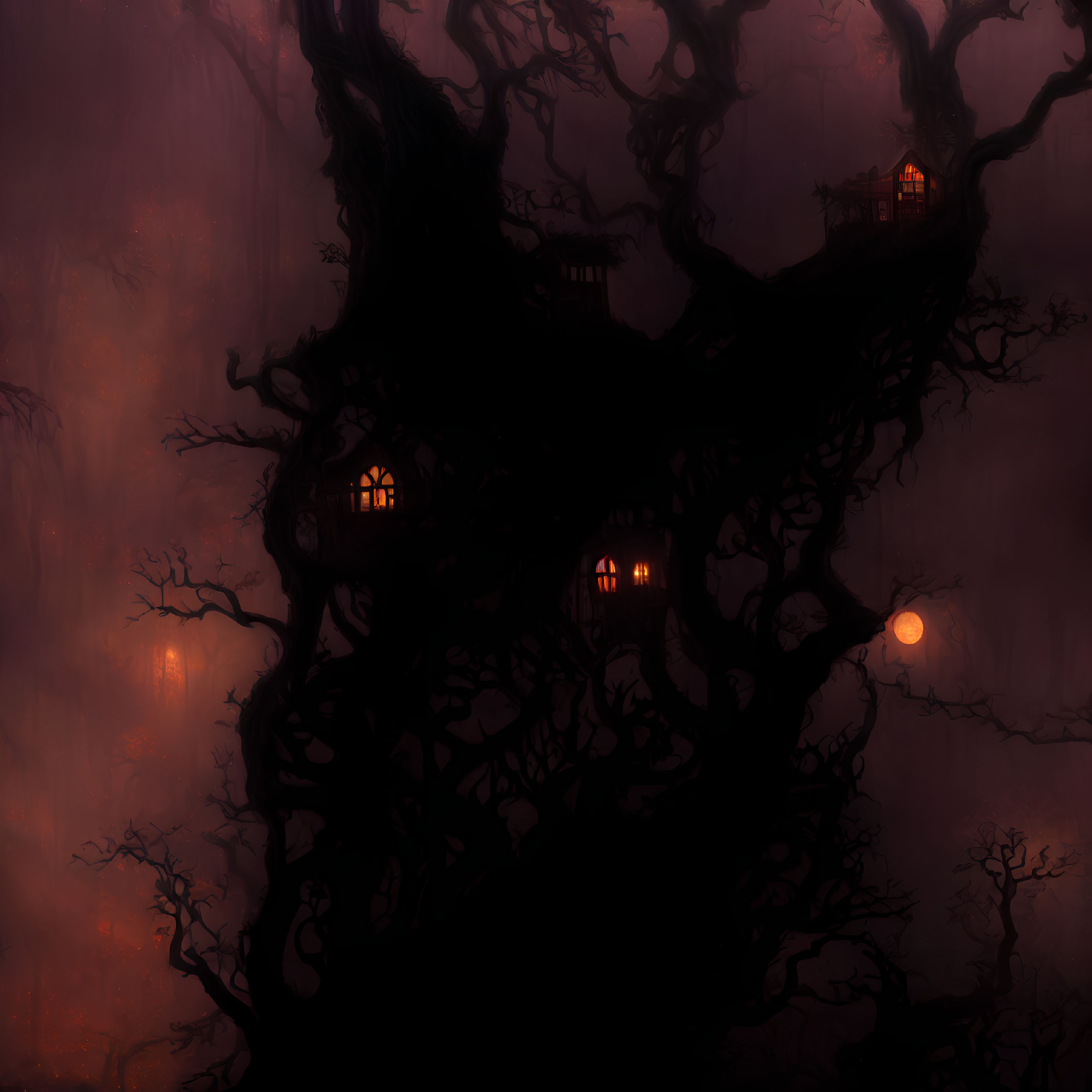 Dark twisted tree with lit windows in foggy red-tinged setting