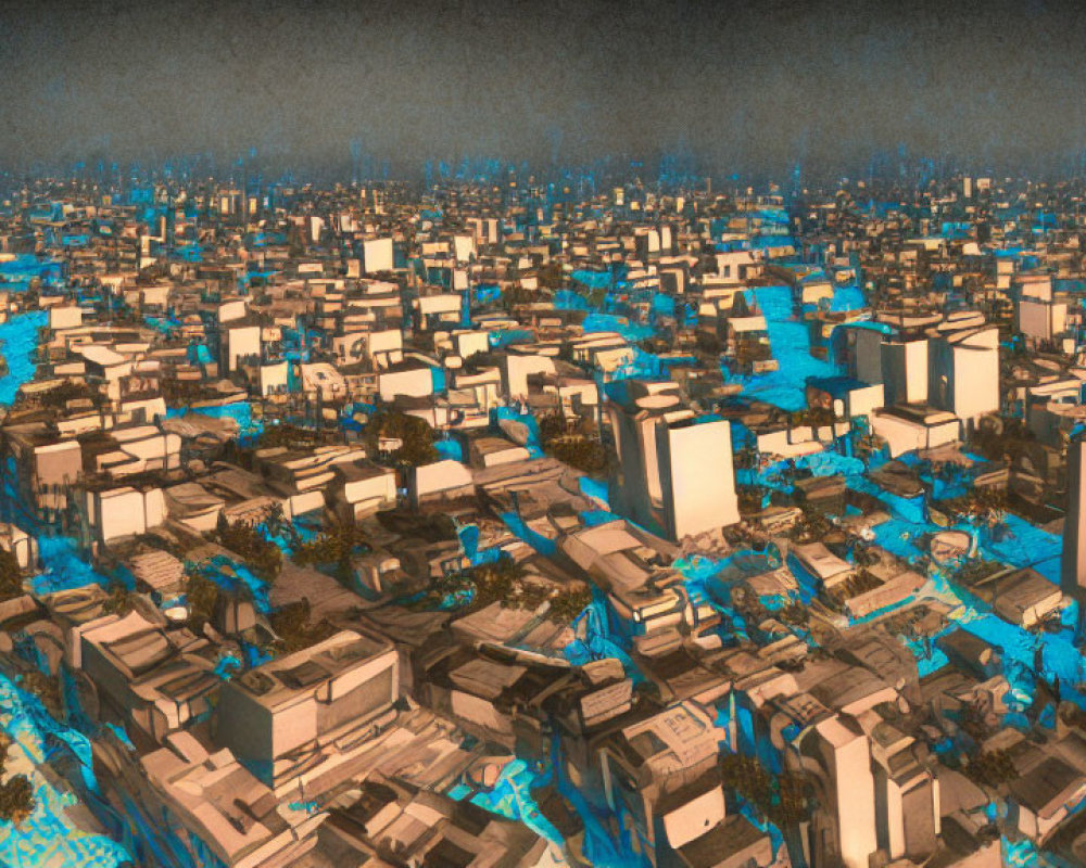 Sepia-Toned Cityscape with Turquoise Highlights: Retro-Futuristic Aerial View