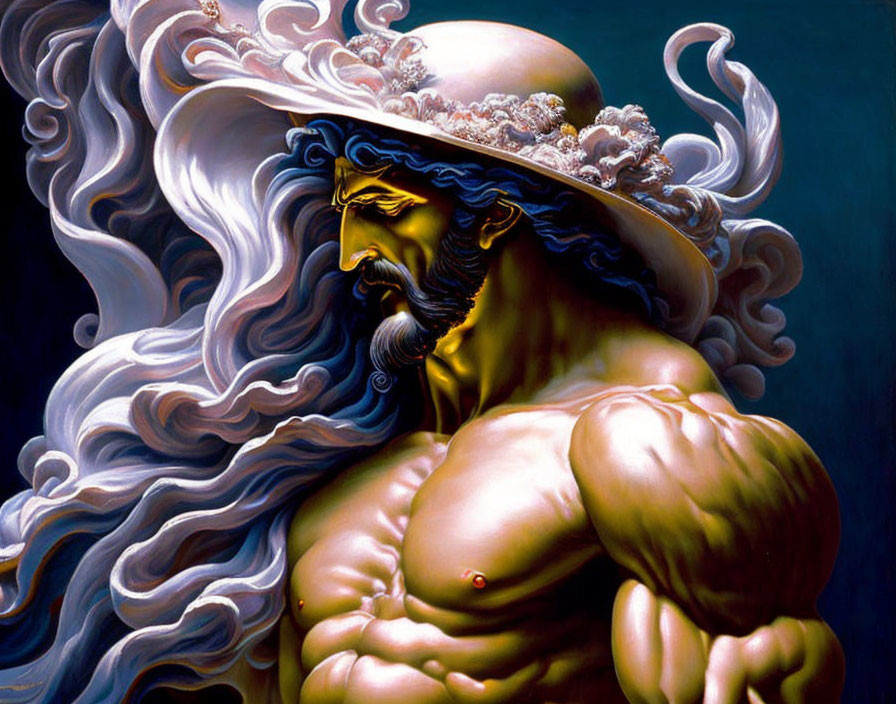 Muscular figure with flowing beard and hair merging into cloud-like forms wearing sky hat