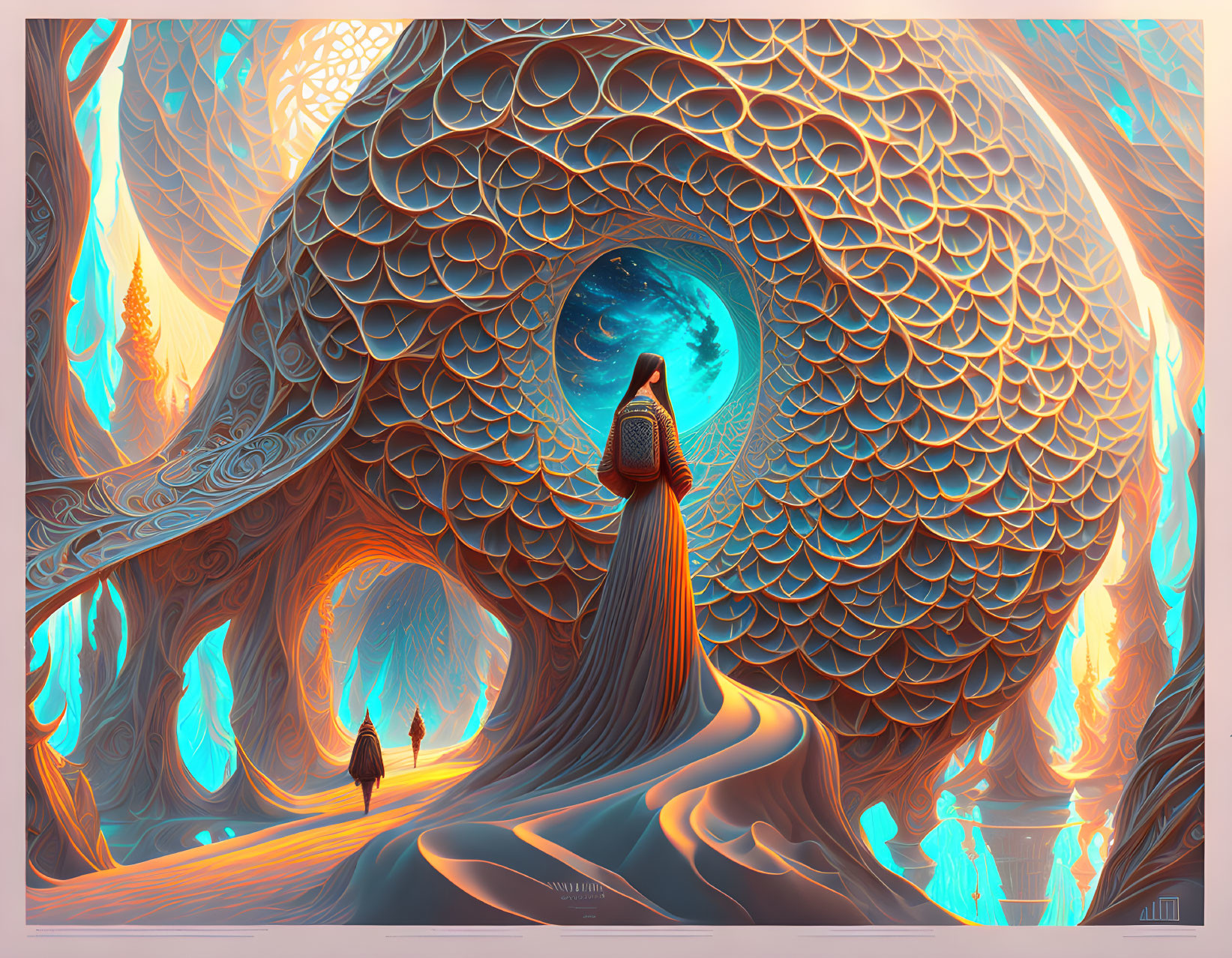 Surreal landscape with spherical structure and figures beneath celestial body