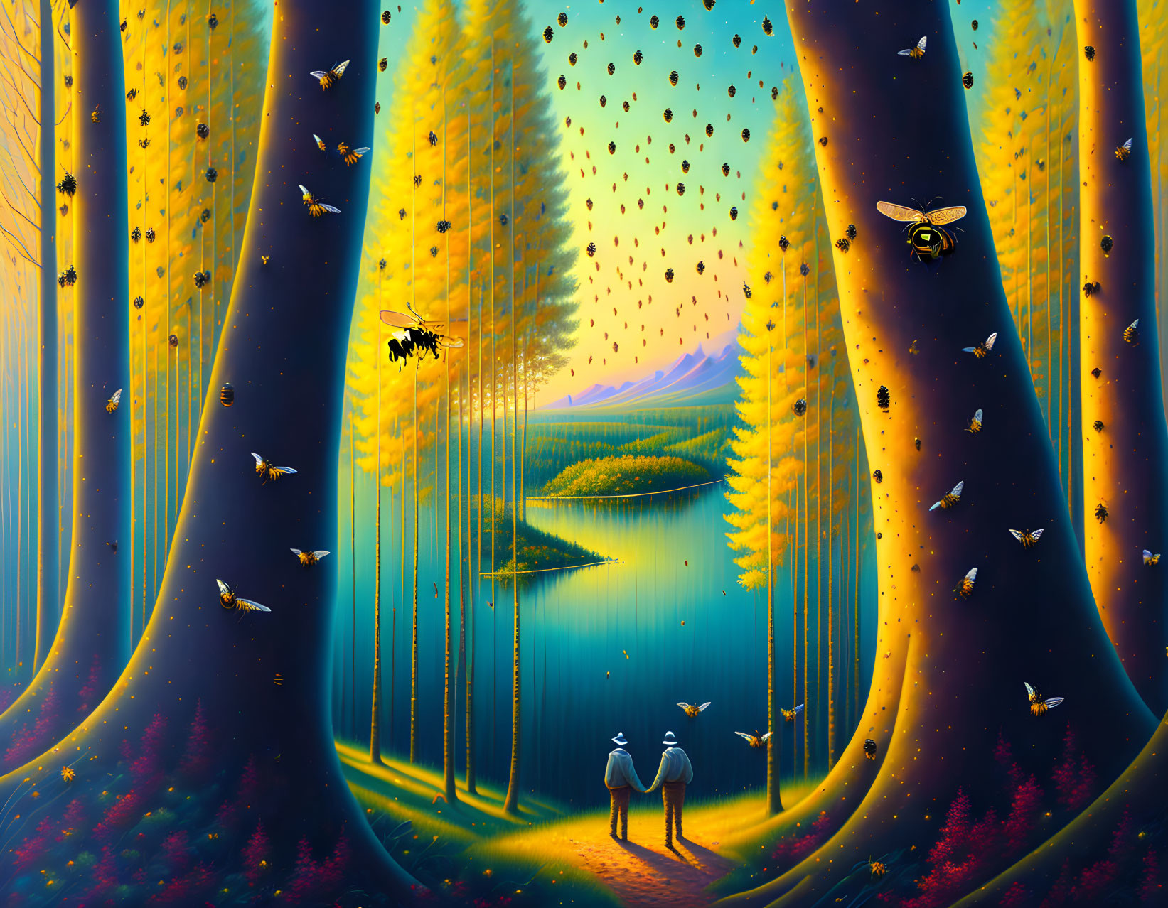 Fantastical forest scene with giant trees, river, bees, and glowing lights