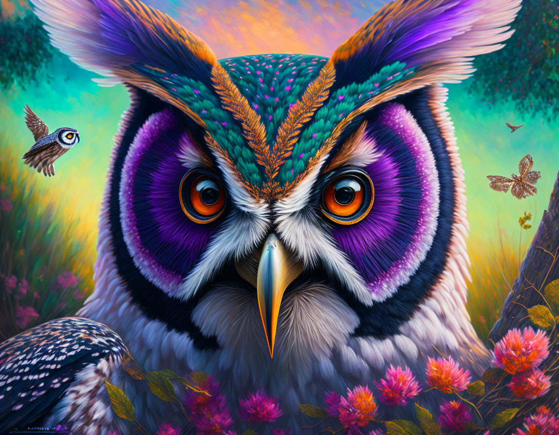 Colorful Owl Artwork with Orange Eyes and Flora Background