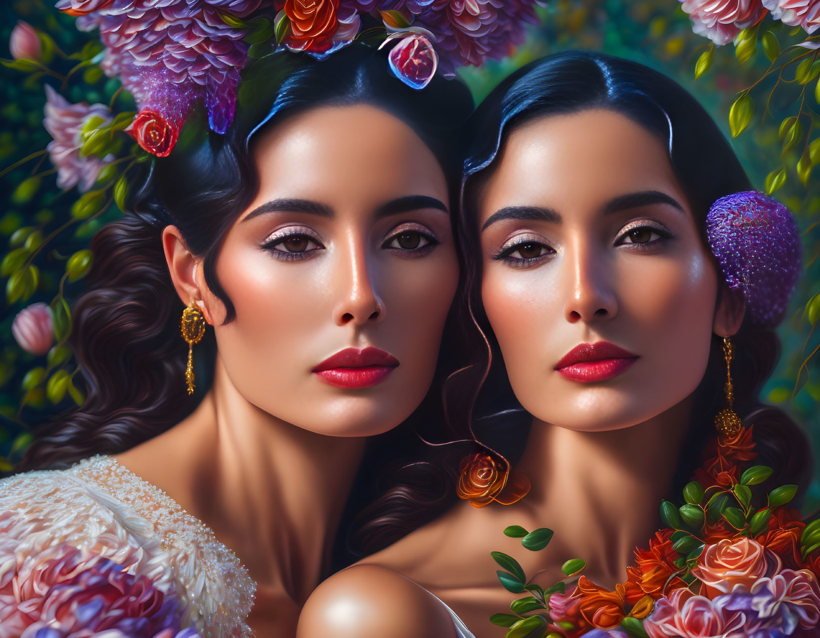 Symmetrical Women Portraits with Floral Arrangements