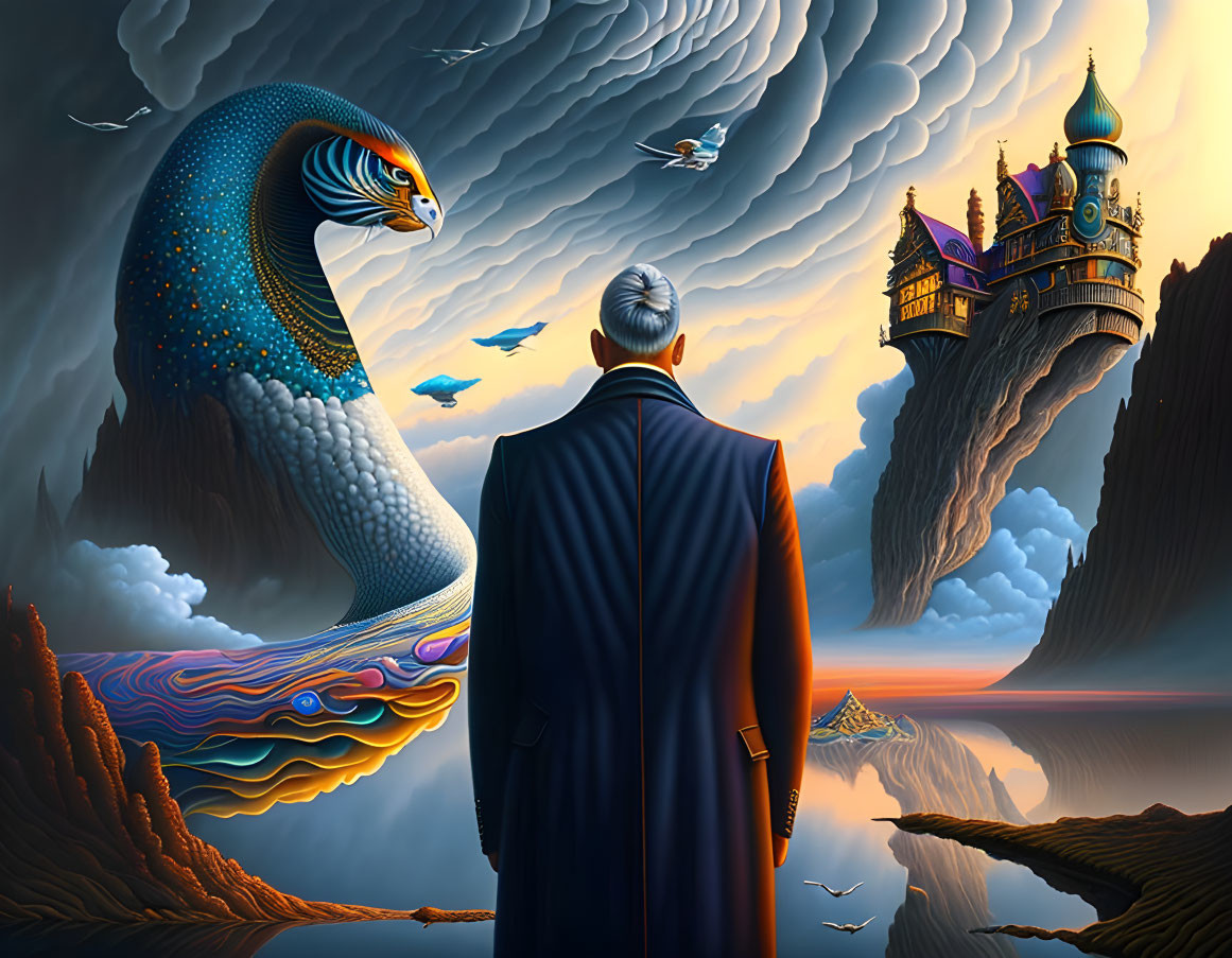 Man in Blue Coat Observes Surreal Scene with Giant Fish and Whimsical Castle