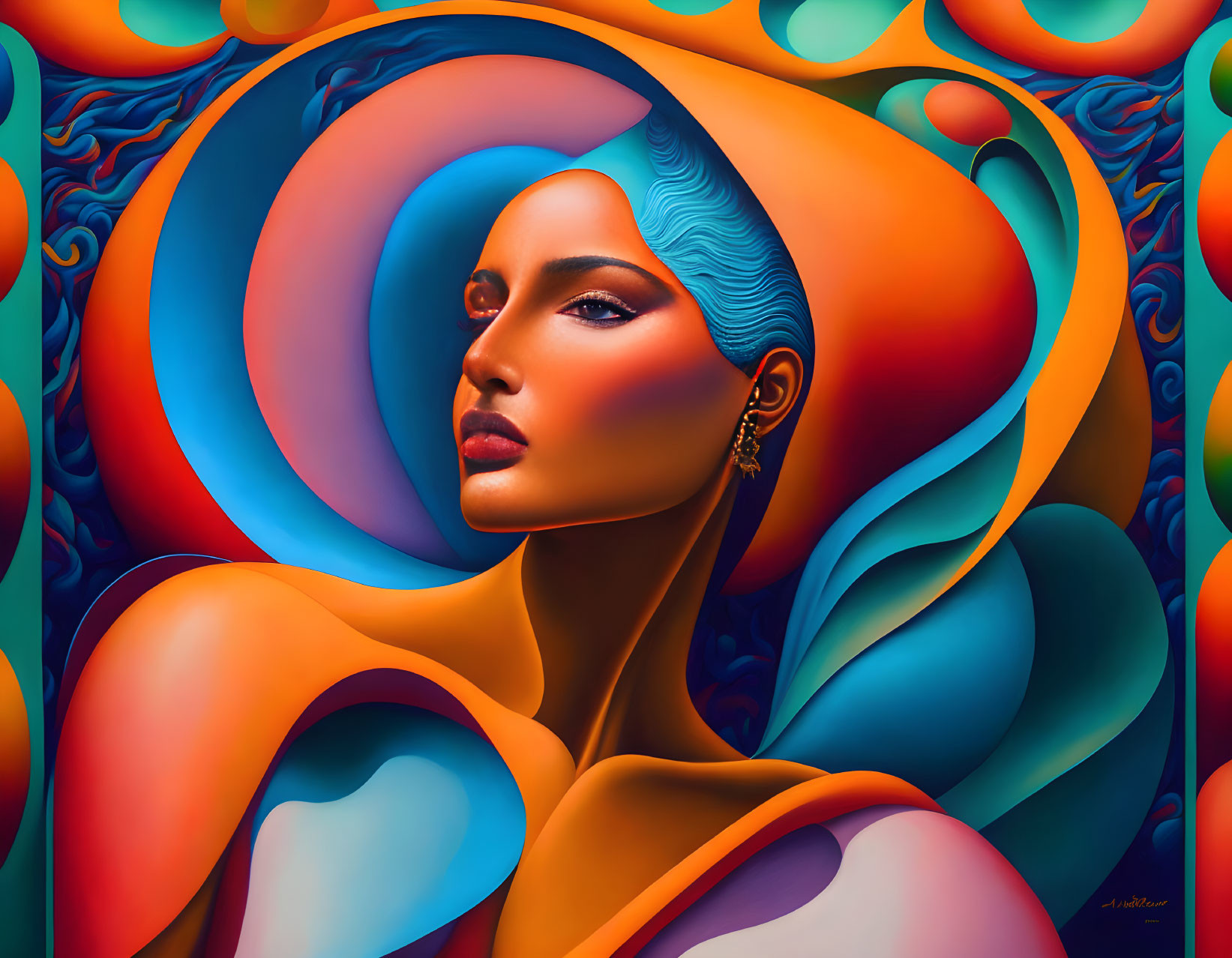 Colorful surreal portrait of woman with blue hair and swirling abstract shapes