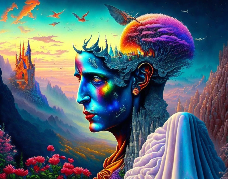 Surreal portrait with cosmic elements and brain coral in tranquil landscape