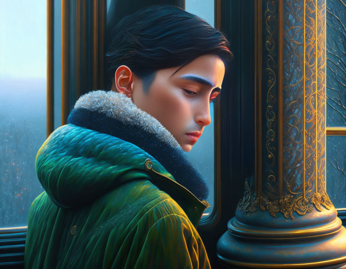 Dark-Haired Person in Green Coat Looking Out Window with Cold Blue Light