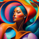 Colorful surreal portrait of woman with blue hair and swirling abstract shapes