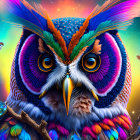 Colorful Owl Artwork with Orange Eyes and Flora Background