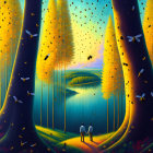 Fantastical forest scene with giant trees, river, bees, and glowing lights