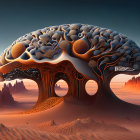 Surreal landscape featuring intertwined brain-like trees in desert with birds and starry sky