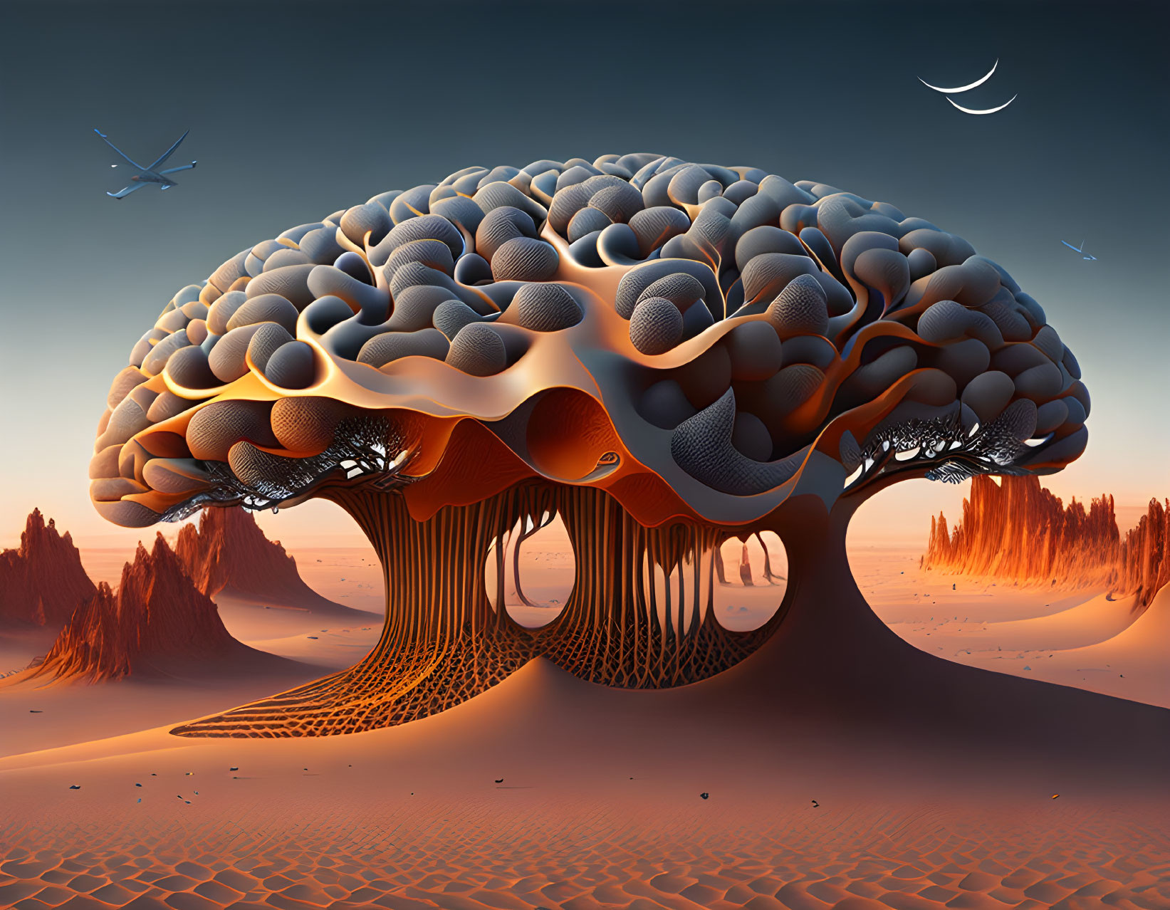 Surreal landscape featuring intertwined brain-like trees in desert with birds and starry sky