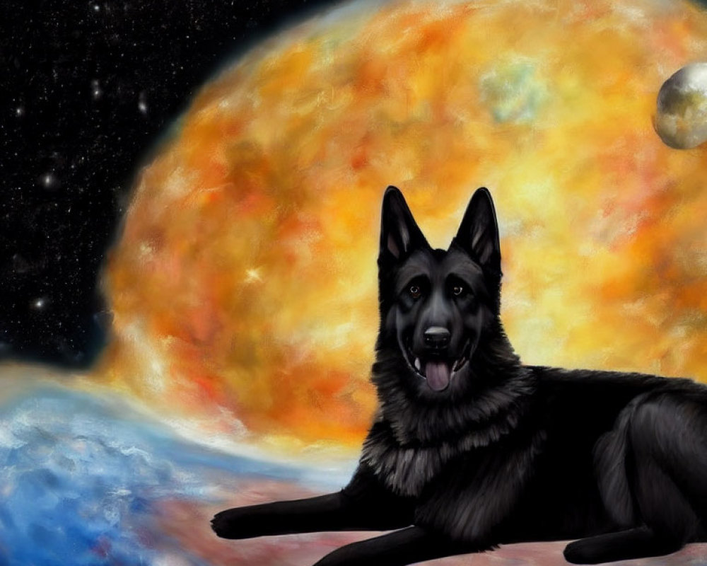 Black German Shepherd with glowing planet backdrop