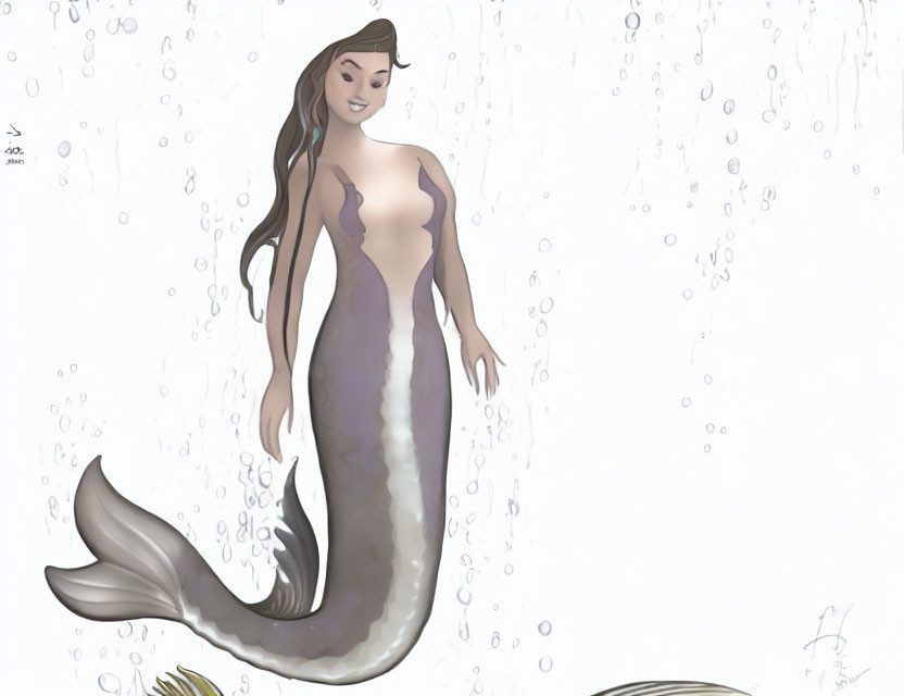 Smiling mermaid with long hair and shimmering tail underwater