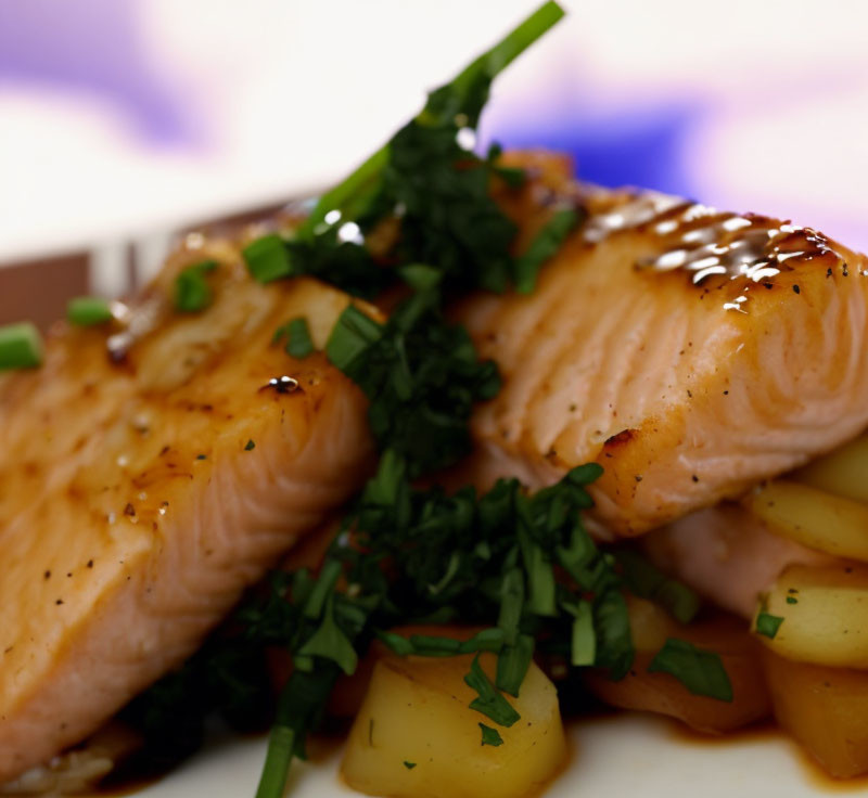 Fresh Grilled Salmon Fillets with Herbs, Sesame Seeds, and Diced Potatoes