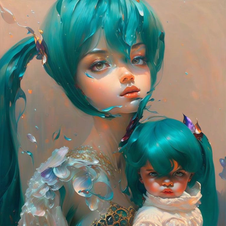 Digital Art: Two Characters with Teal Hair and Porcelain Skin