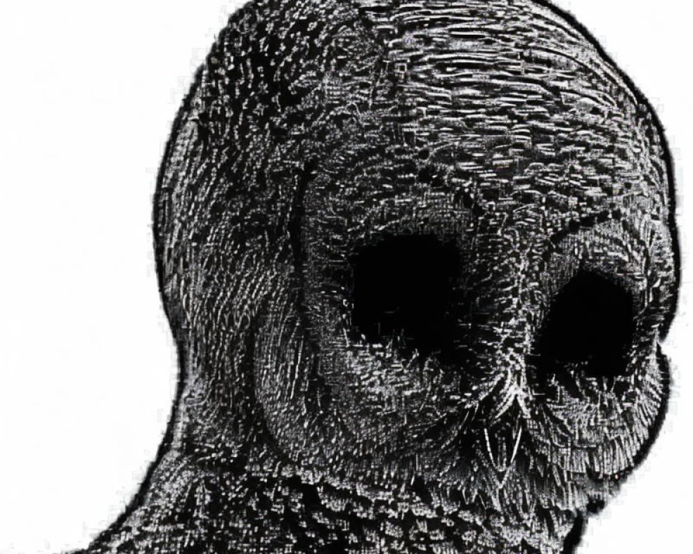 Detailed black and white sketched owl illustration with intricate feathers and striking eyes