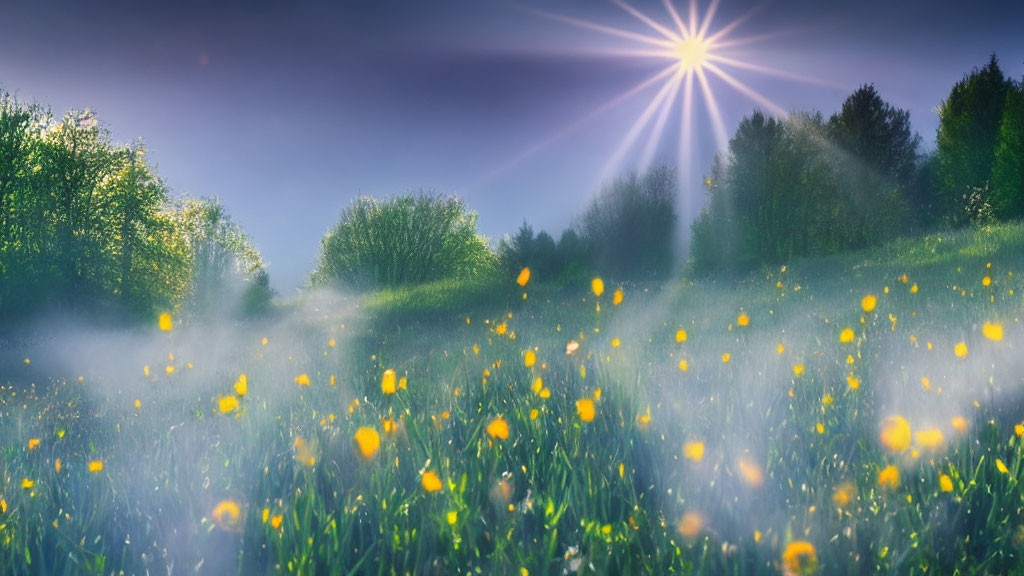 Vibrant sunlit meadow with yellow flowers and radiant sunbeam